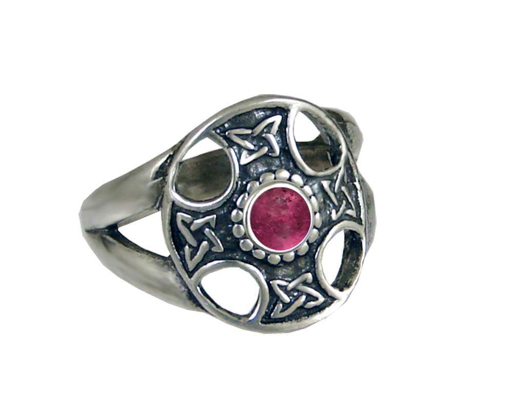 Sterling Silver Celtic Solar Cross Ring With Pink Tourmaline Size 10